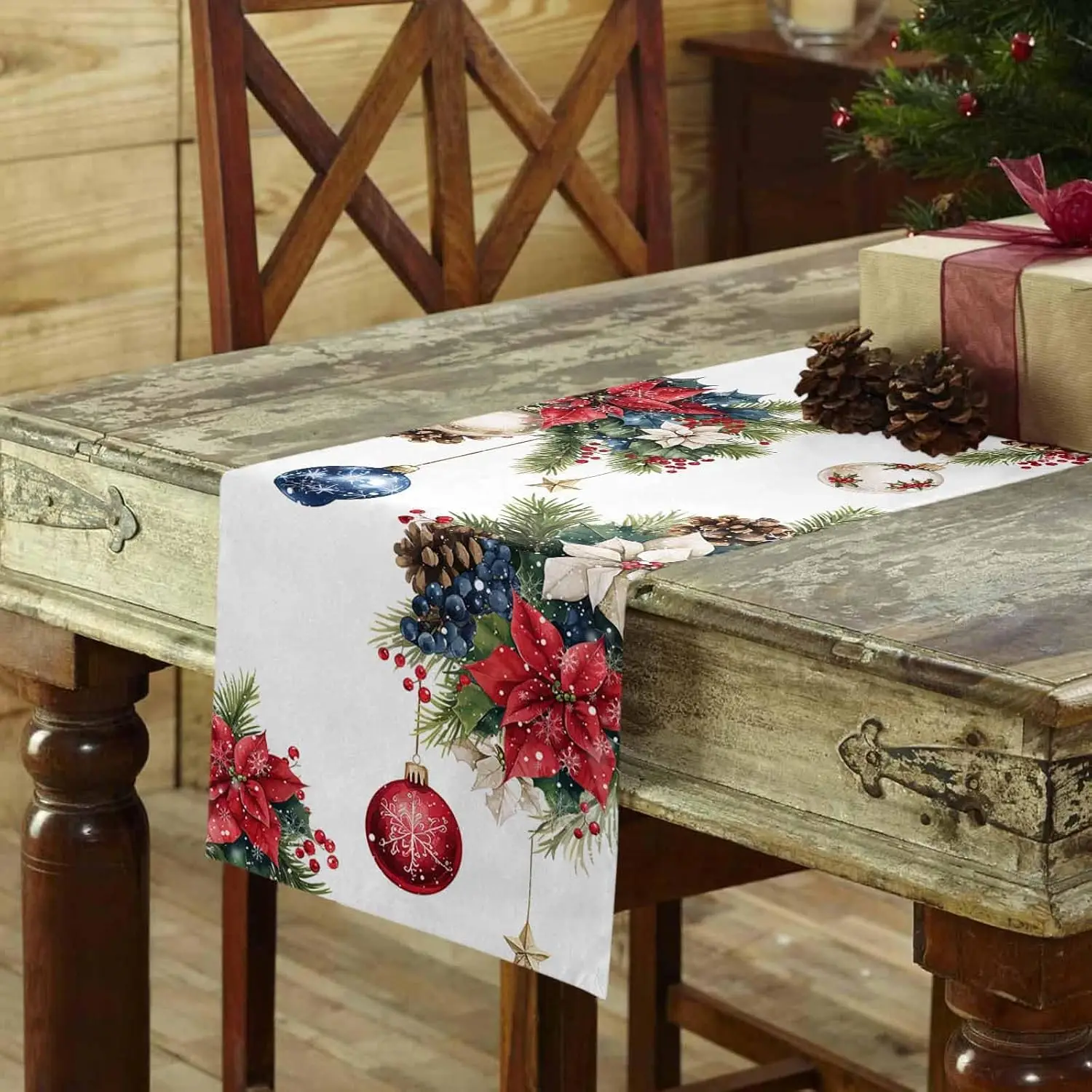 Christmas Ball Poinsettia Flowers Berry Linen Table Runner Party Decor Winter Xmas Snowflake Table Runners Christmas Decorations