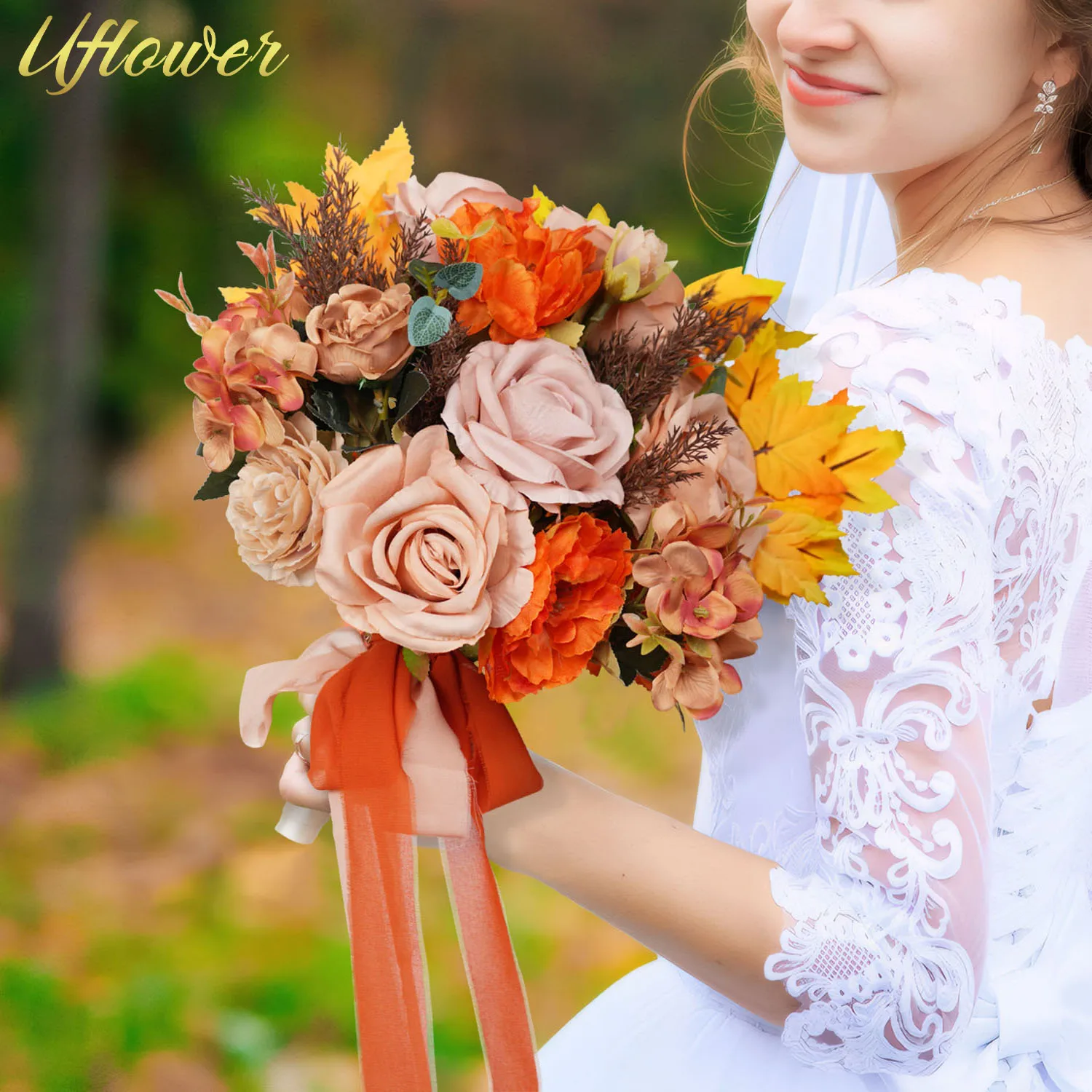 

Uflower Wedding Bouquets for Bride Champagne Orange Rose Maple Leaves Bridal Bouquets Artificial Flower Wedding Party Home Decor