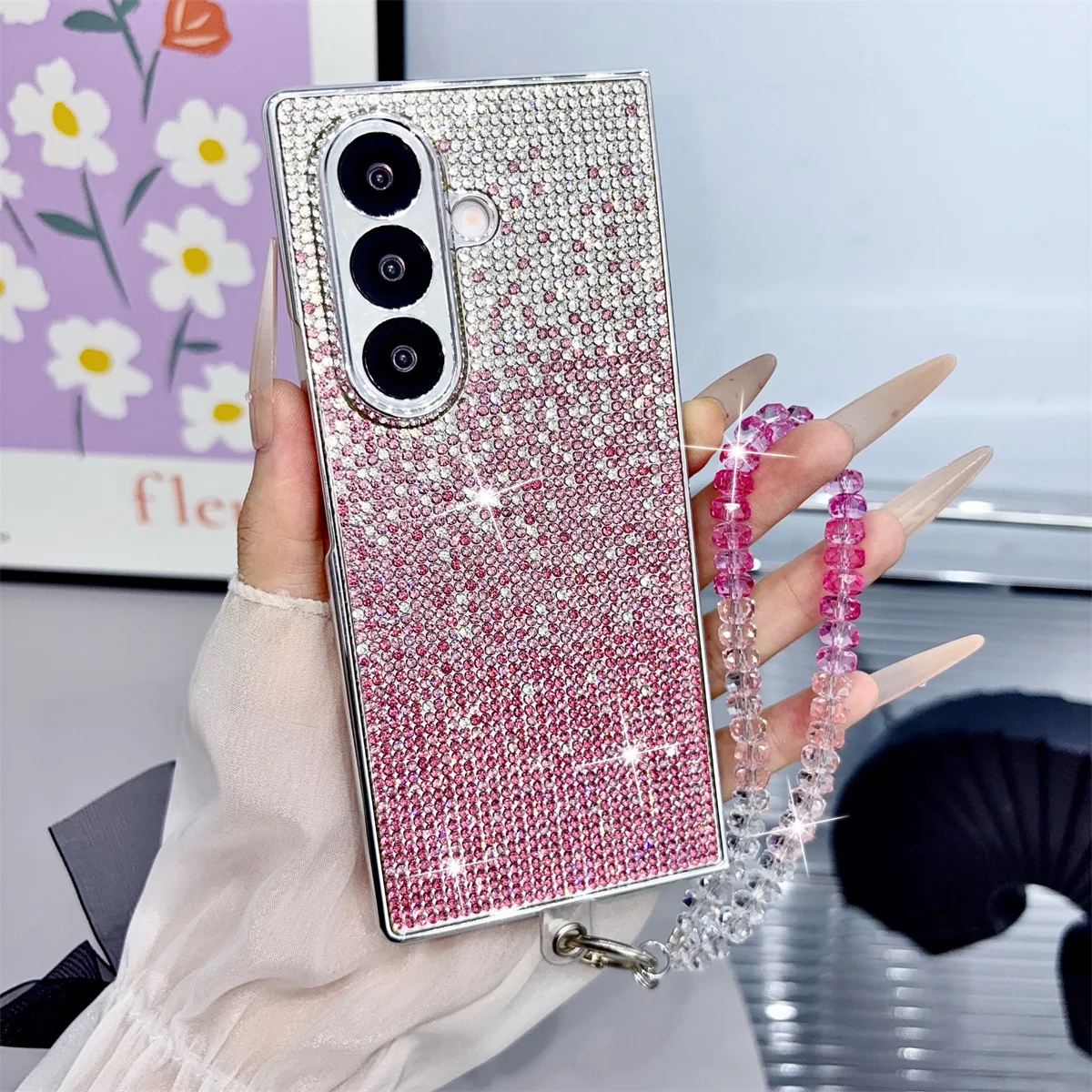 Luxury Gradient Glitter Rhinestone Diamond Case for Samsung Galaxy Z Fold 8/7/6/5 Crystal Hand Chain Silver Bumper Cover