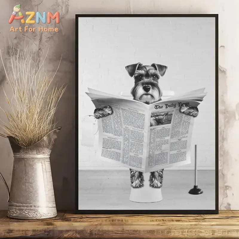AZNM Frameless 2D Flat Funny Schnauzer Dog Reading Newspaper On Toilet Canvas Print, Reusable Retro Bathroom Wall Art Decor