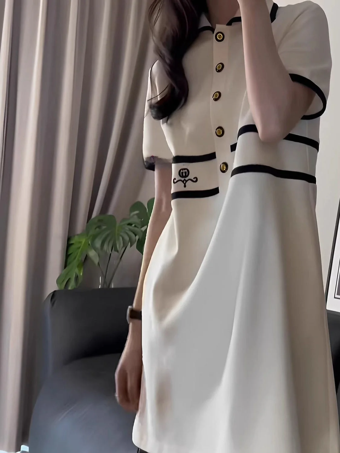 Grande taille Ne ort Sve Dr T-shirt mi-long d'été décontracté pour femmes Dr Color Blo jupe féerique Sle bouton unique C...