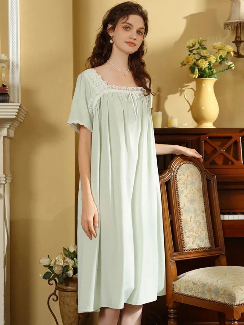 

Women Victorian Nightgowns Cotton Sleeping Night Dress Short Sleeve Summer Long French Retro Princess Lace Sweet Home Sleepwear
