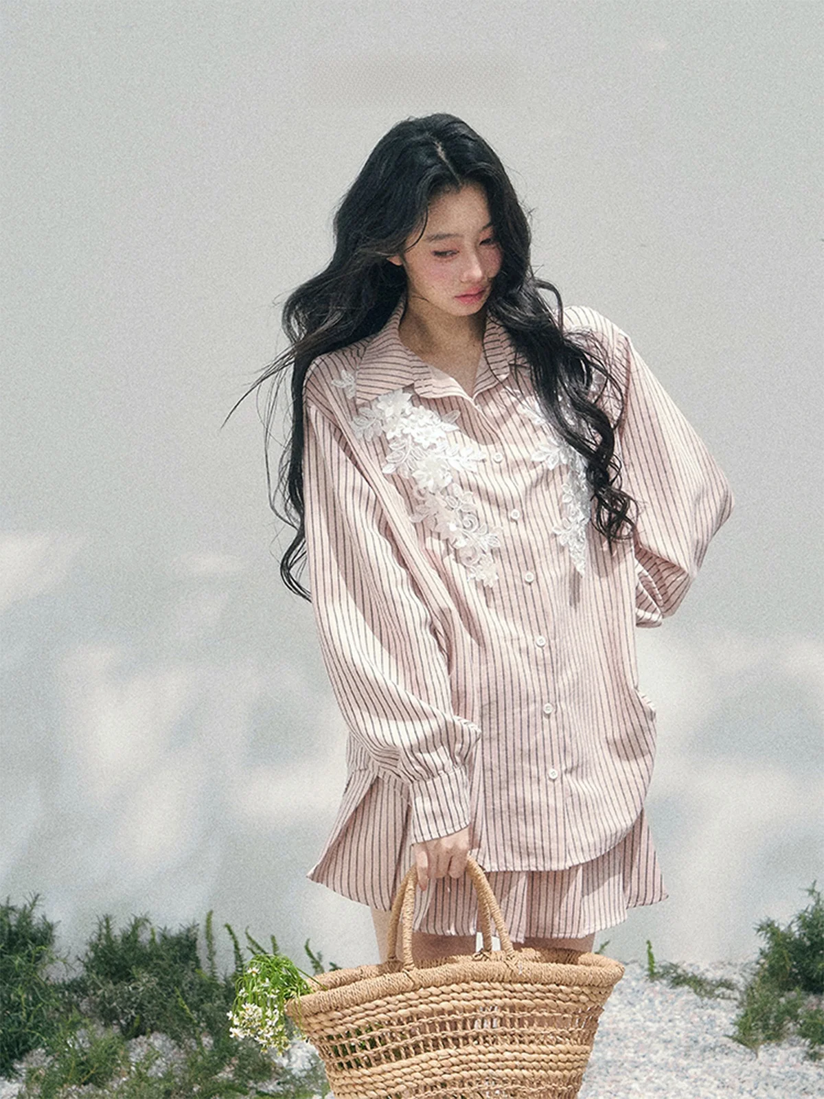 

Spring Faion Women's Lace Stripe irt ort Skirt Two-Piece Set Long Sve Mid-Length AOMALM Eye adow Cloud between