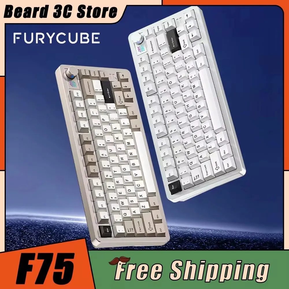 FURYCUBE F75 Mechanical Keyboard Tri Mode Wireless Gaming Keyboard Hot Swap CNC Aluminum Alloy Multifunctional Knob PC Accessory