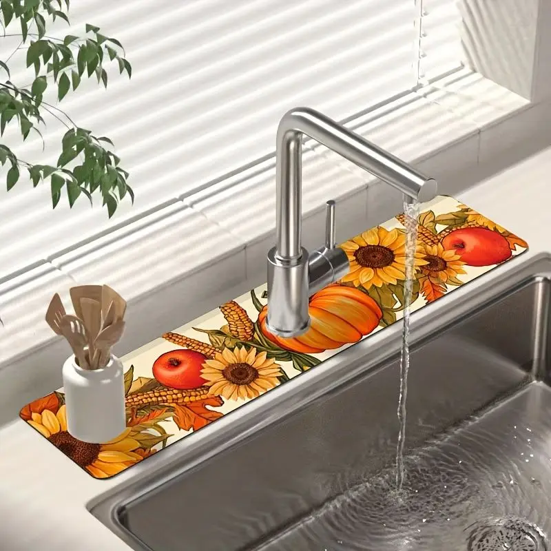 VIKAMA Fall Pumpkin Sunflower Faucet Mat Autumn Harvest Print Absorbent Non Slip Sink Drainer Pad For Thanksgiving Decor