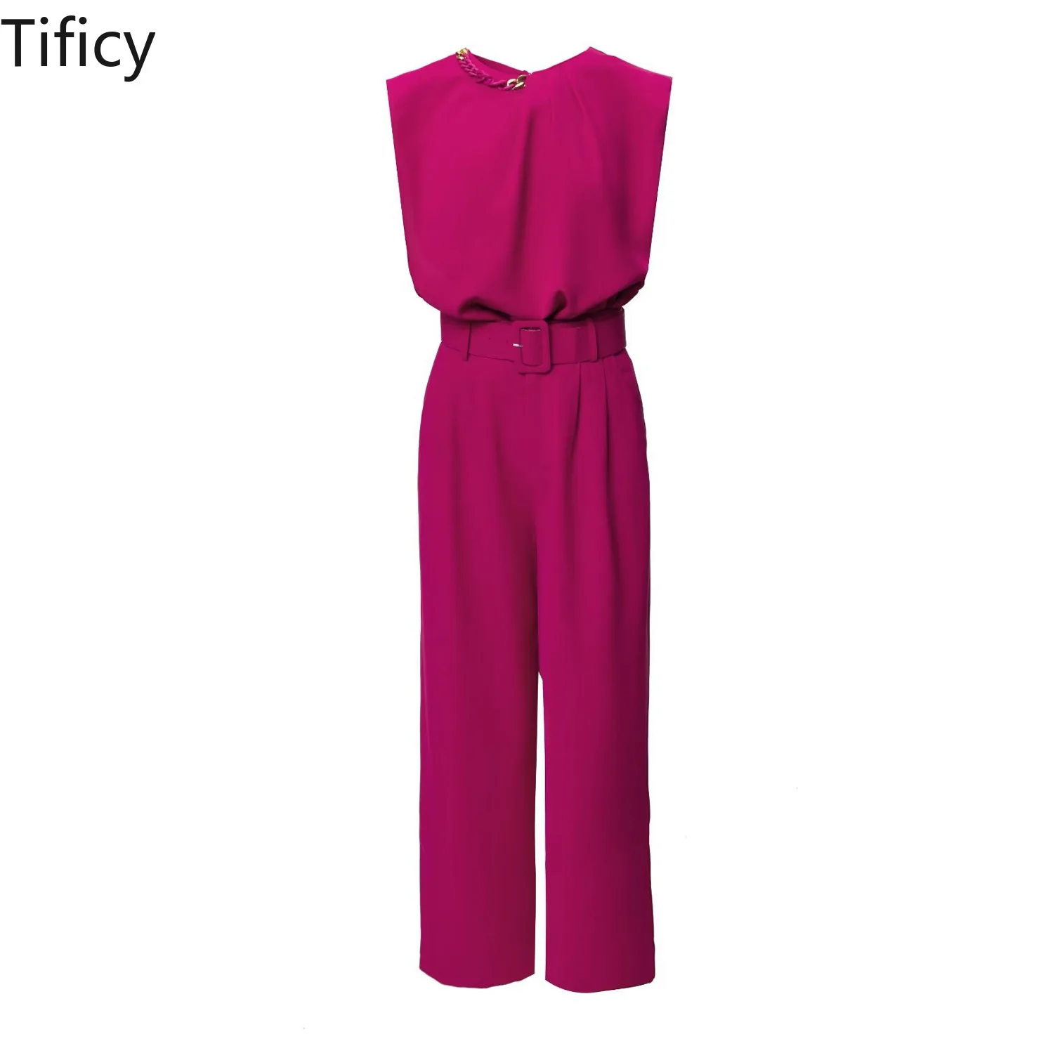 OL Commuting Style 2024 Summer New Women's Round Neck Sleeveless Loose Top+Straight Leg Pants Rose Red Set Jumpsuits