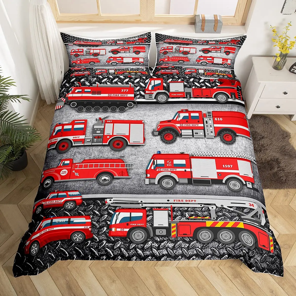 

Fire Truck Duvet Cover Set Twin Size Red Firemen Car Vehicle Bedding Set Fire Engine Pattern For Boys Tire Printing Quilt Cover