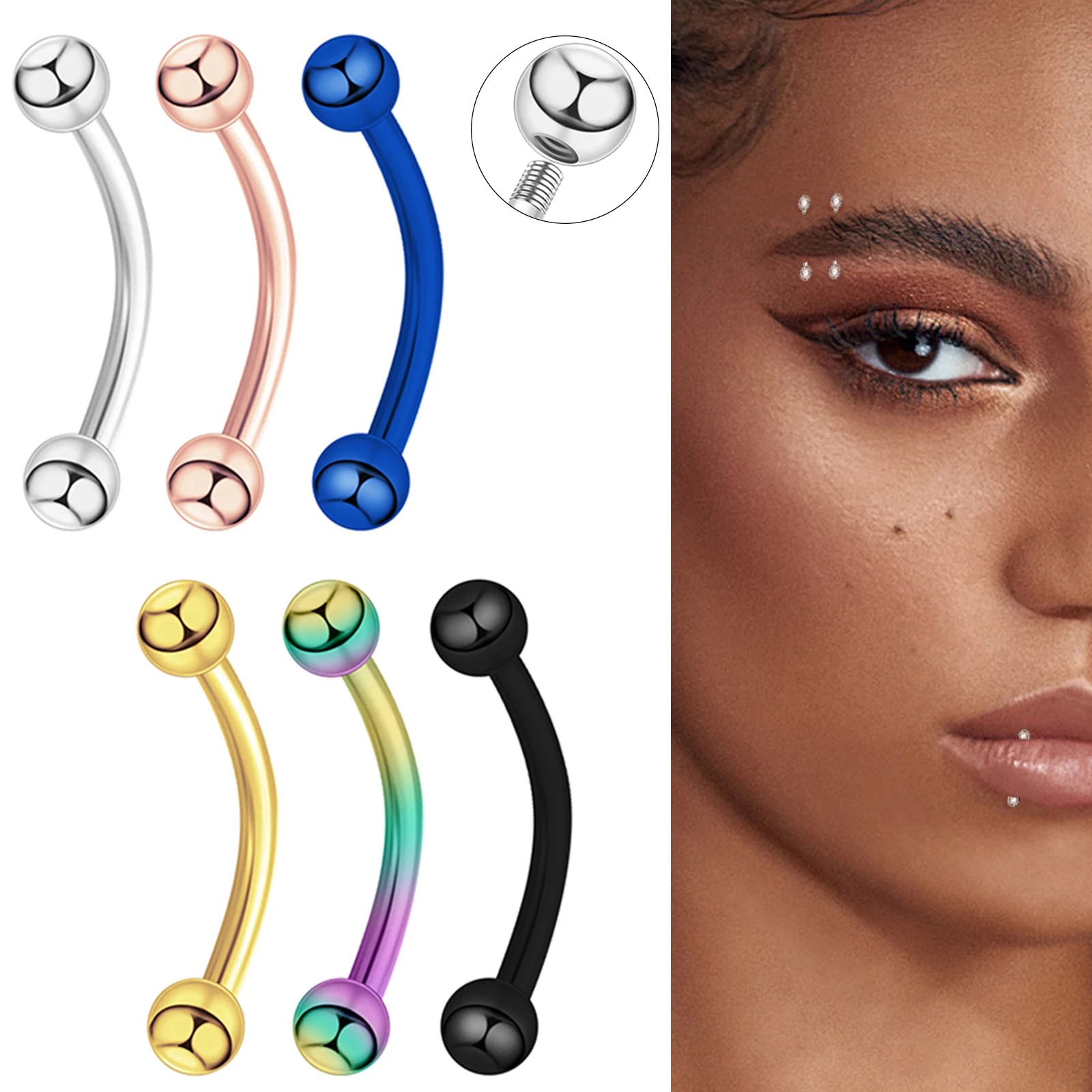 Eyebrow Curved Barbell - เครื่องประดับบาร์เบลสแตนเลสทรงโค้ง 6 ชิ้น - รูปทรงกล้วย สำหรับเจาะคิ้ว/ริมฝีปาก,