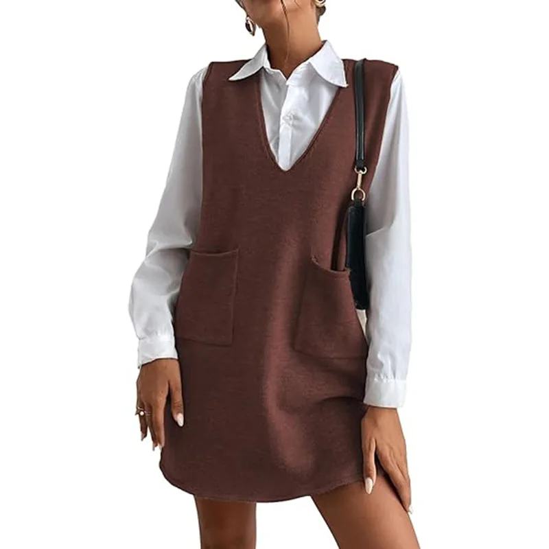 

Vest Dress Women Mid Length Dresses V Neck Sleeveless Knitted Vests Vestidos Y2k Streetwear Elegant Splice Knit 2025 Spring