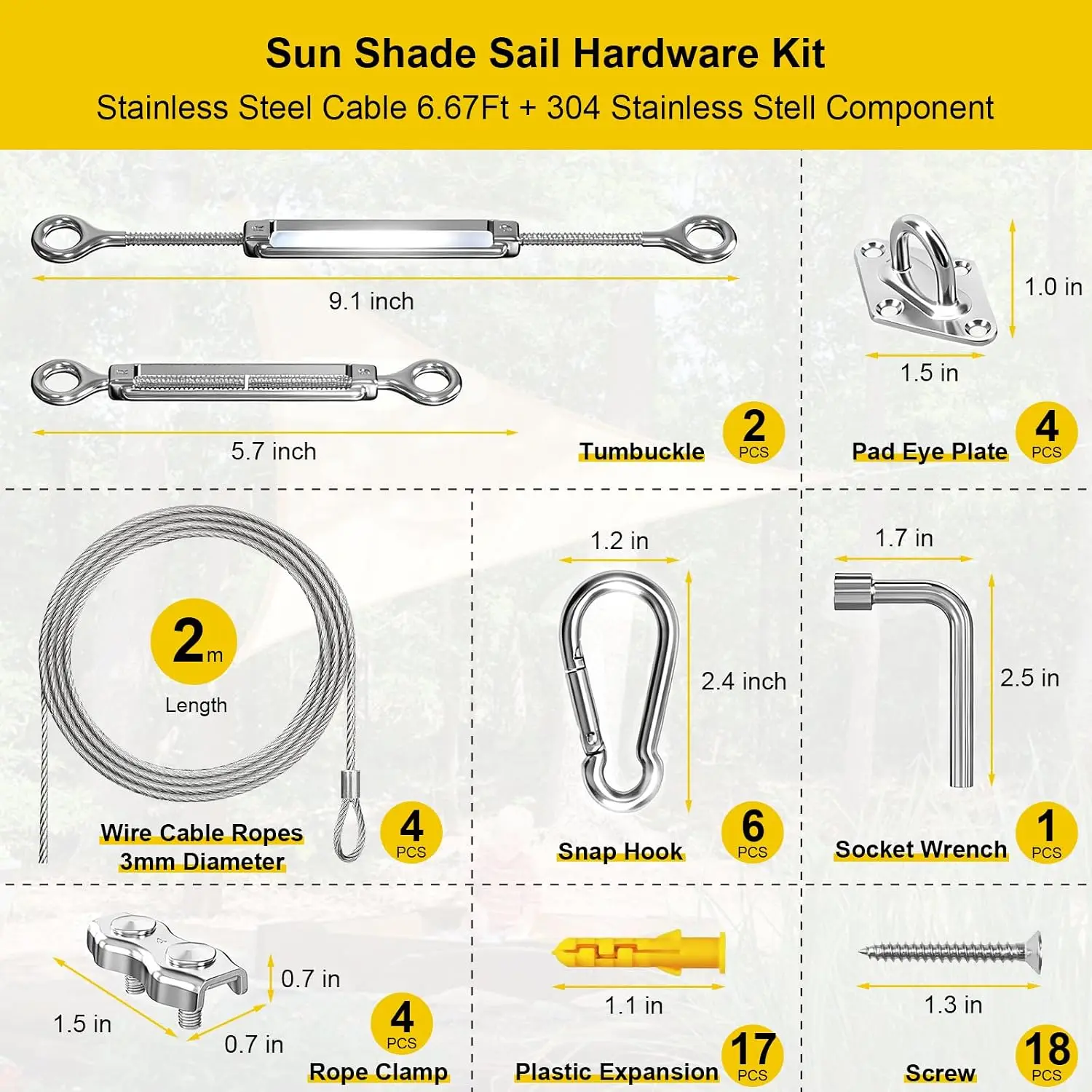 KAIWEI  304 Stainless Steel Rope Rustproof Turnbuckles Hardware for  Rectangle Square Sun Shade Sails, Ideal for Patios Gardens