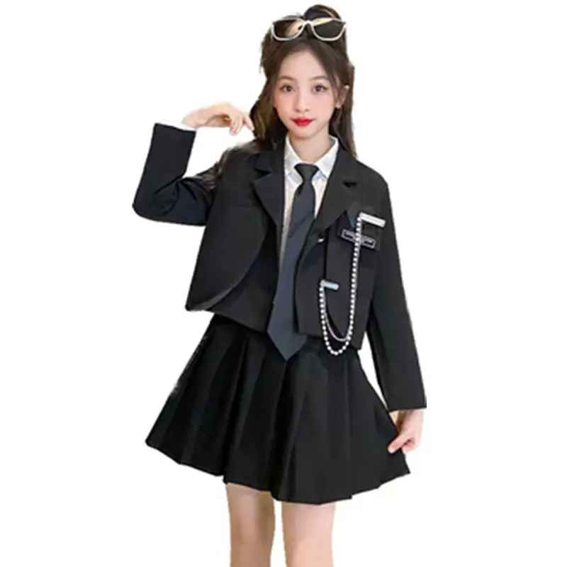 Junior Girl JK School Uniform Set Unique Formal Chain Smart Jackets and Pleated Skirt 2Pcs School Kids Child Uniform Blazer Suit