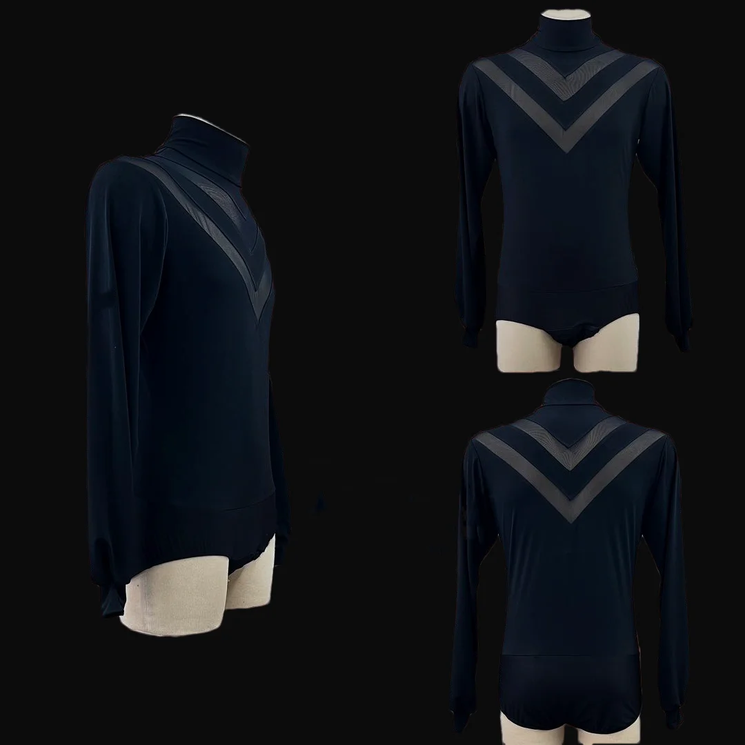 Męski strój do tańca latynoamerykańskiego z wysokim dekoltem w kształcie litery V, łączony, top dla dzieci i dorosłych, profesjonalny kostium do występów tańca towarzyskiego.