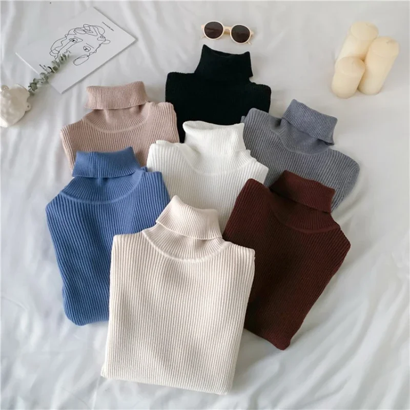 

2025 Autumn Winter Soft Warm Femme Jumper Turtleneck Women Sweater Long Sleeve Knitted Slim Solid Ribbed Pull Sweaters Pullover