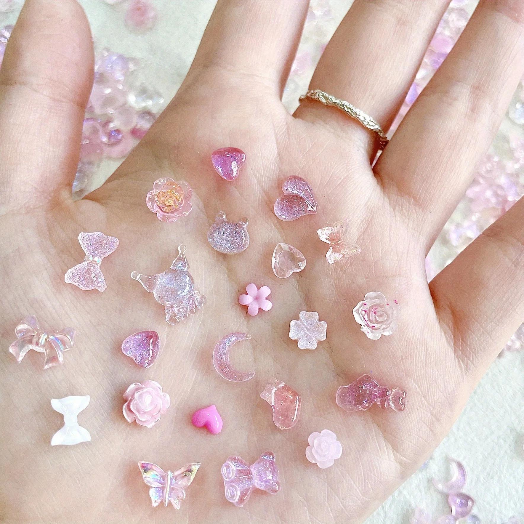 

50pcs/pack Resin Mixed Pink Ice Through Love Bow Flower Shape Nail Art Jewelry Hairpin Phone Case Nail Diy Decoration Accessory