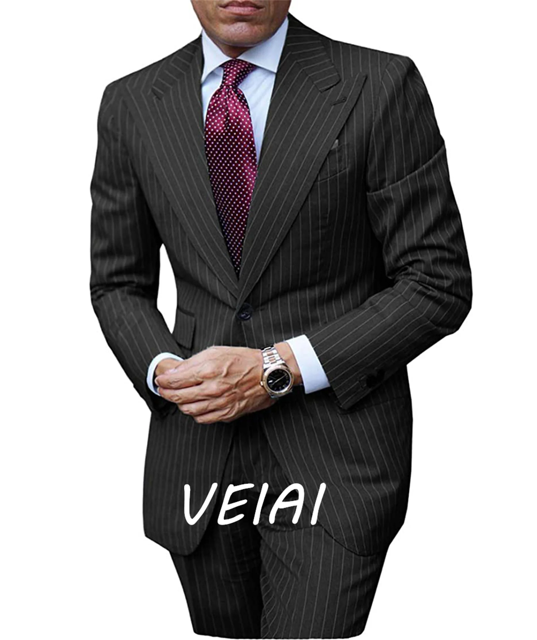 

Customized Classic Fit Men's Pinstripe Suits 2 pieces Notch Lapel Regular Fit Tuxedos Groomsmen For Wedding Black (Blazer+Pants)