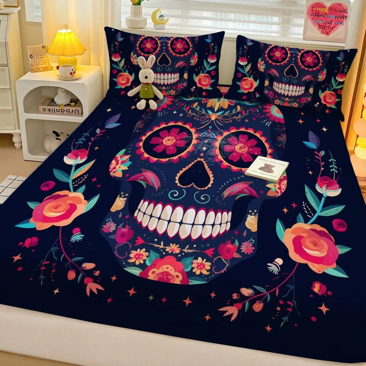 3-Piece Colorful Sugar Skull Print Bed Sheet Set (Includes 1 Fitted Sheet + 2 Pillowcases) Mattress Protector, Fitted Sheet Style, Various Sizes Available, Day of the Dead Design, Holiday Gift, Fitted Sheet Mattress Protector, Themed Hotel Style Mattress Protector