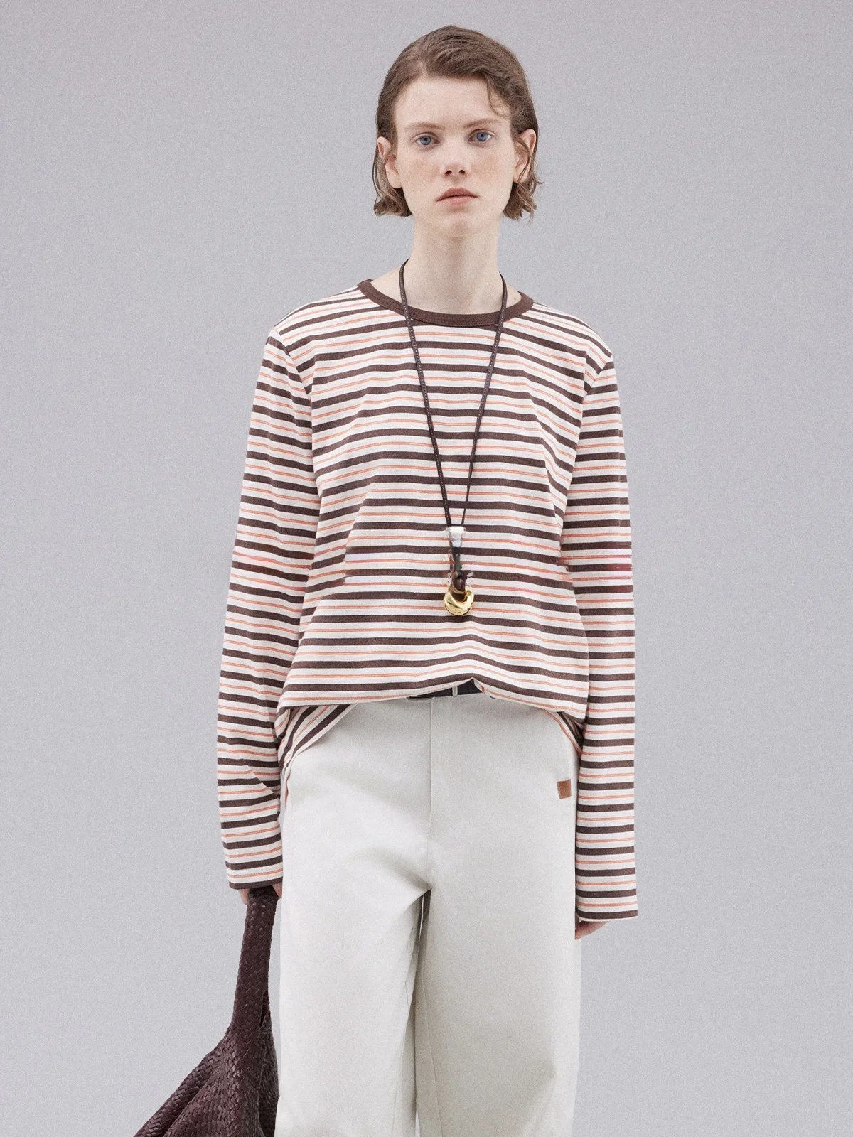 

Retro Color Blo Striped T-irt Women's Loose Fit Long Sve round Ne Printed Casual Top for Autumn Season Ladies