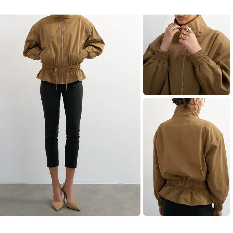 Stand-up Collar Short Tooling Jacket Shoulder-down Loose Wide Sleeve Closed Sleeve Tube Hem Drawstring Jacket