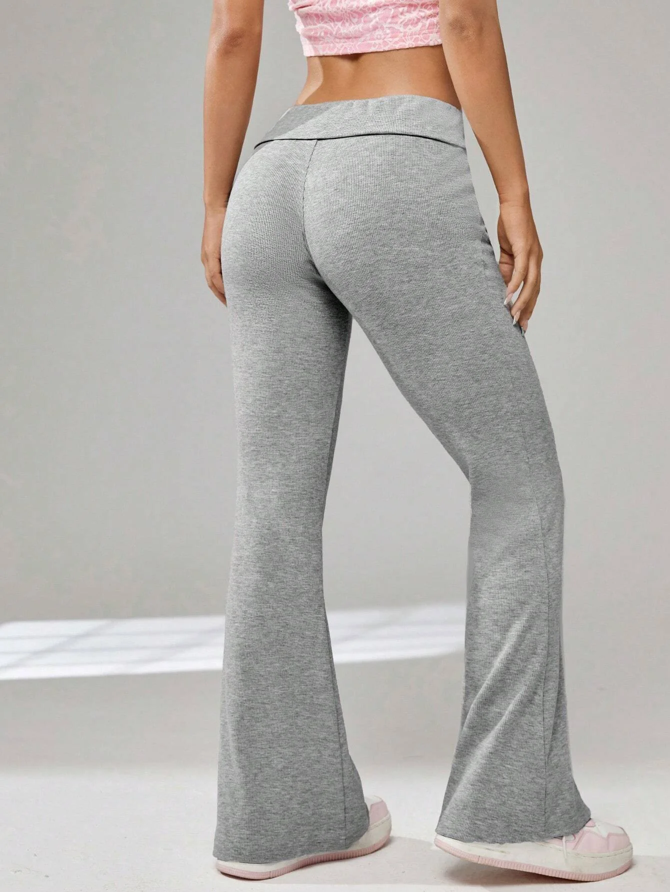 Women Fold‑Over Waist Ribbed Flare Pants, High Waist Stretch Bell‑Bottom Casual Trousers for Daily Loungewear