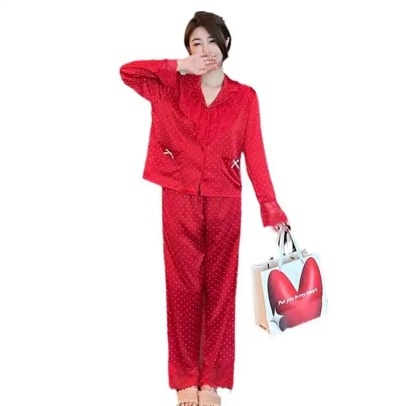 2024 Autumn Vintage Ins Style Women Pajamas Two Piece Ice Silk Red Dot Tiktok Nightgown Long Sleeves Pants High Quality Lace #4