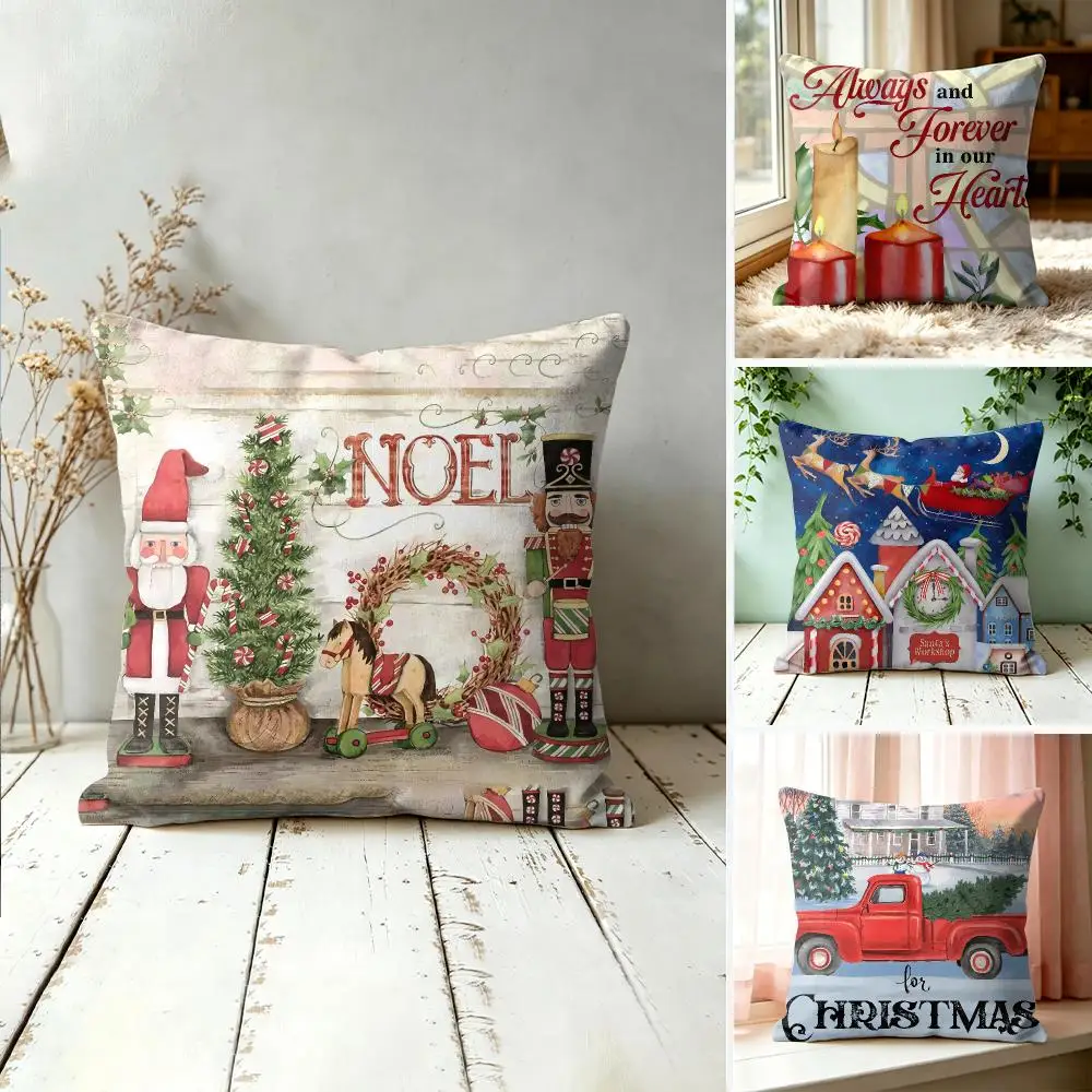 Christmas Red Candle Cushion Cover Silky Short Plush Invisible Zipper Dustproof Sofa Pillow Case For Home Decor
