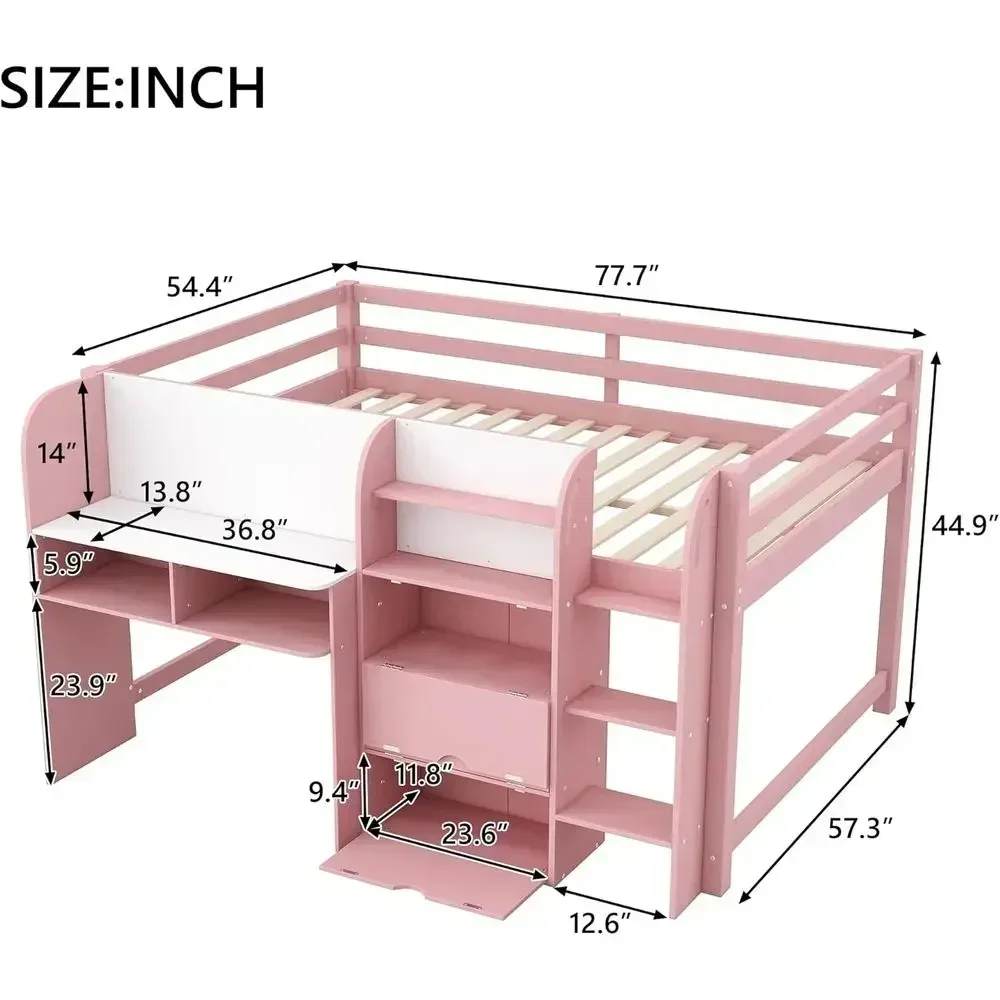 Low Loft Bed with Desk, Open Bookcase, Storage Cabinets & Whiteboard for Kids (Pink)