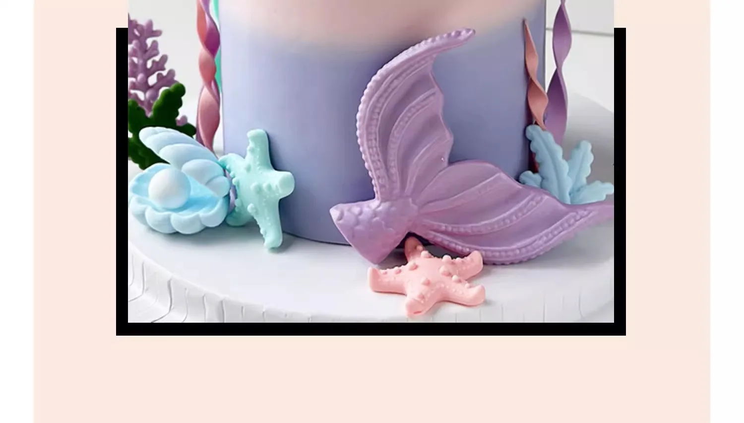 Meerjungfrauenschwanz-Kuchenaufsatz unter dem Meer, Dekor mit Korallenschalen für Geburtstag, Babyparty, Ozean-Thema, Partyzubehör – Detail 4