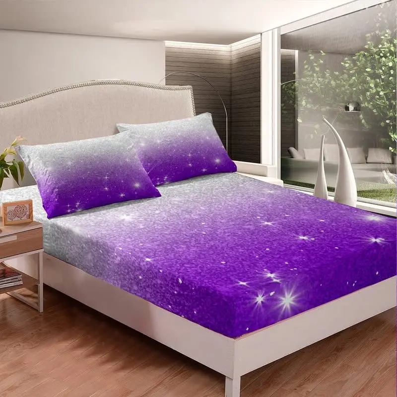 Galaxy Bed Sheets Glitter Stars Sequins Fitted Sheet Ombre Tie Dye Bedding Set for Kids Girls Teen Women Aesthetics Room Decor