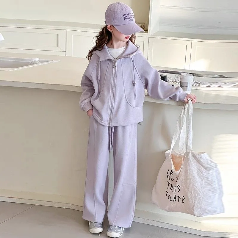 

2024 Girls Solid Color Sets Children's Long-Sleeved Hooded Top Pants 2-Piece Autumn New Kids Casual Fashion Suit 2-10 Years Old