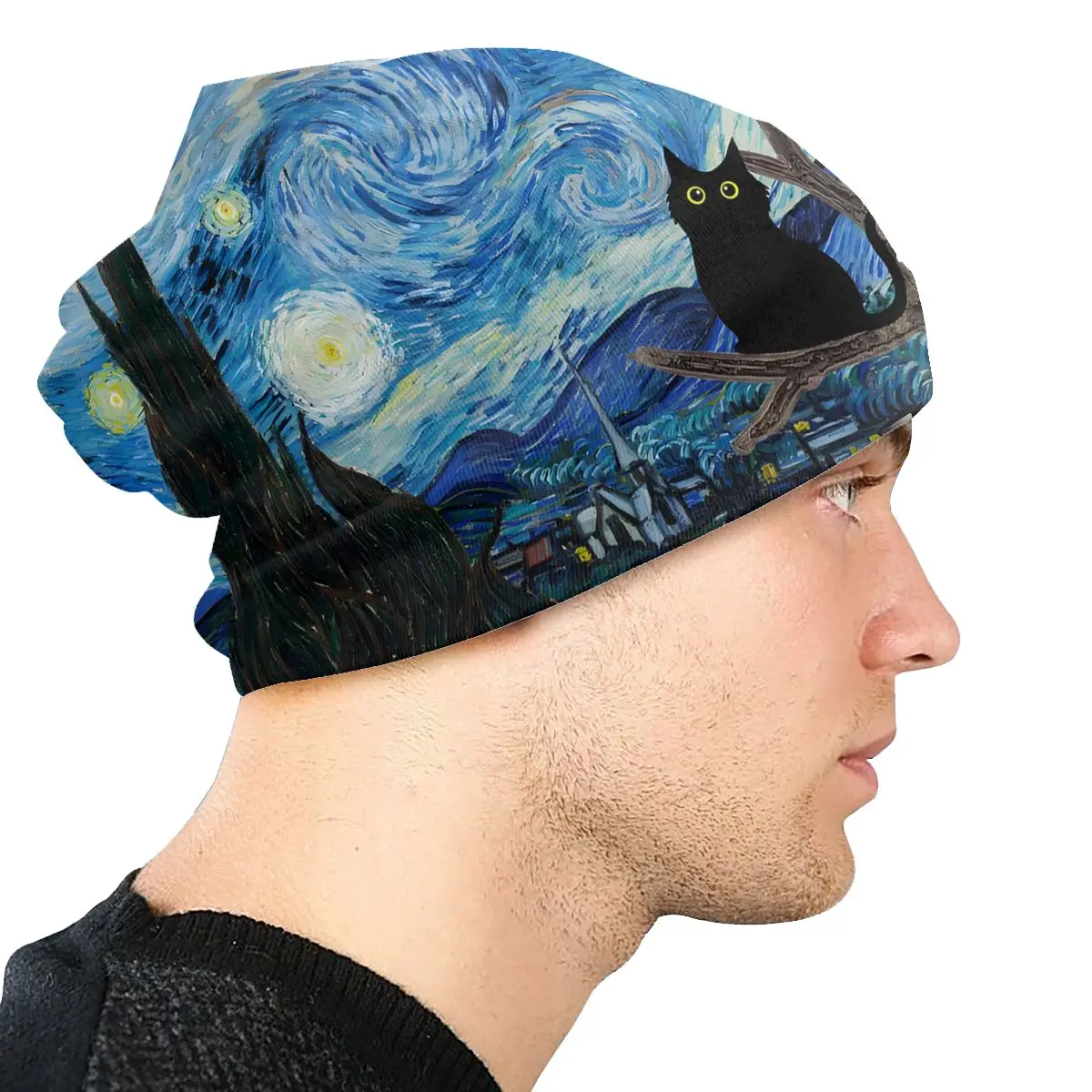 Black Cat In Van Gogh Starry Night Unisex Bonnet Hiking Double Layer Thin Hats For Men Women