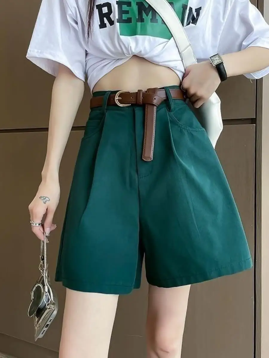 calcas-curtas-de-cintura-alta-a-line-para-mulheres-novo-estilo-de-verao-versatil-verde-escuro-comprimento-cinco-quartos