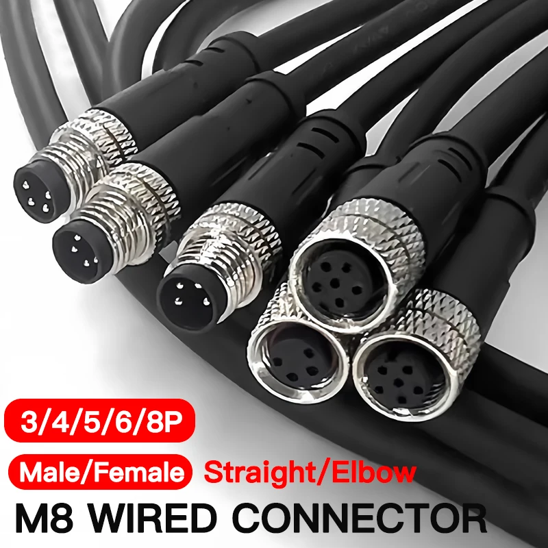 2Meters Waterproof M8 Sensor Connector, Male & Female 3/4/5/6/8 Pin, Integrated Injection Molding Industrial Cable Plug