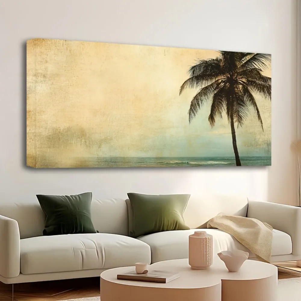 1.5 inch thick pine solid wood frame, golden ocean beach palm tree, sunset landscape coconut tree, landscape painting poster