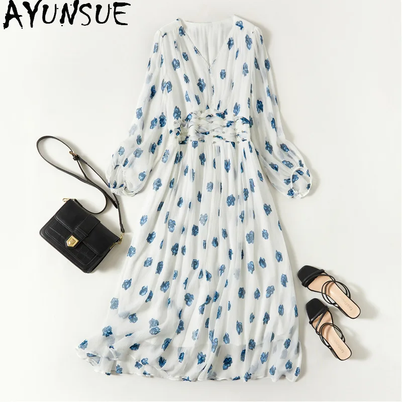 

AYUNSUE платье из 100% тутового шелка, женские элегантные платья с v-образным вырезом для женской одежды, длинное платье с цветочным принтом, 2025 Vestidos Mujer