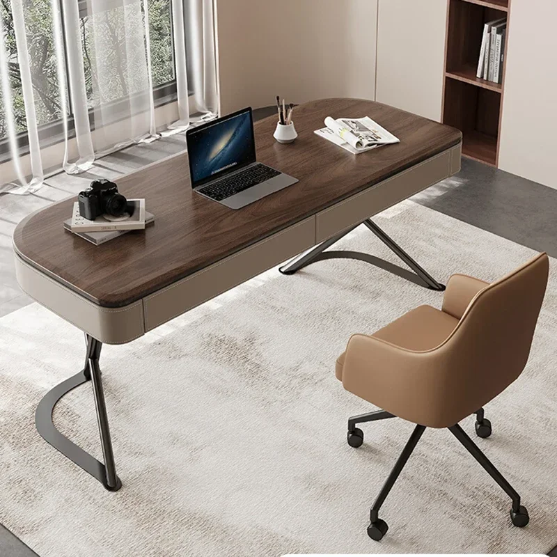 Nordic Solid Wood Computer Desk Italian Minimalist Living Room Large Long Table Study Saddle Leather Mesa Office Furniture Wall