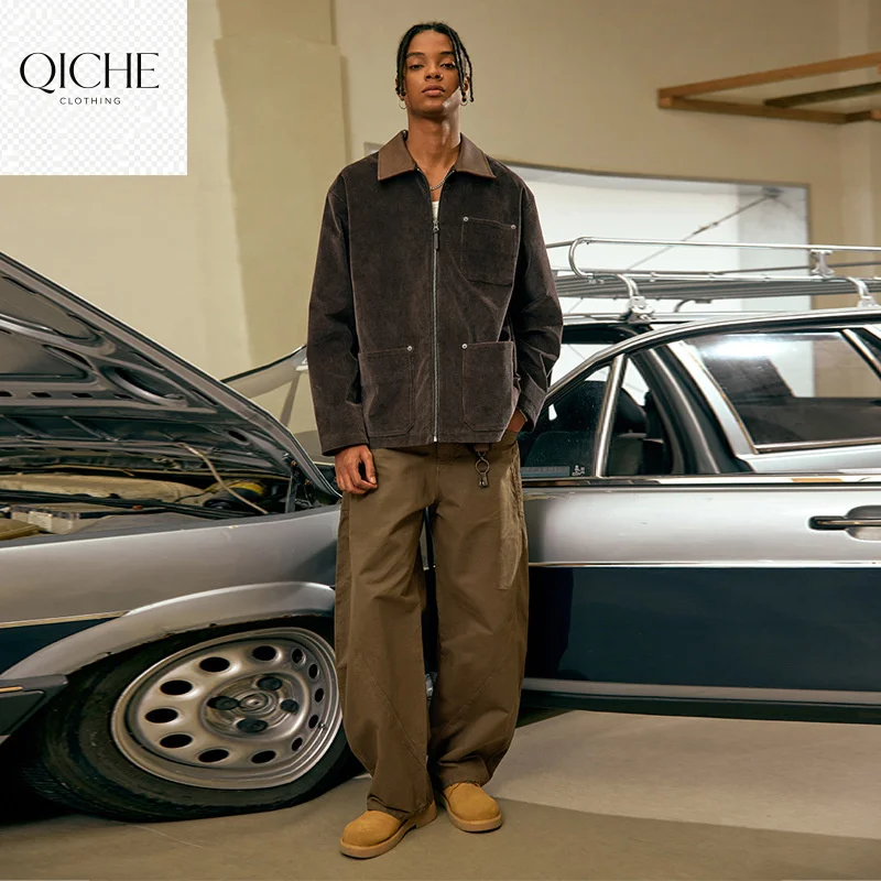 QICHE 2026 Autumn Casual Pants Men Cotton Curved Cargo Trousers Garment Dyed Boxy Fit Bottoms