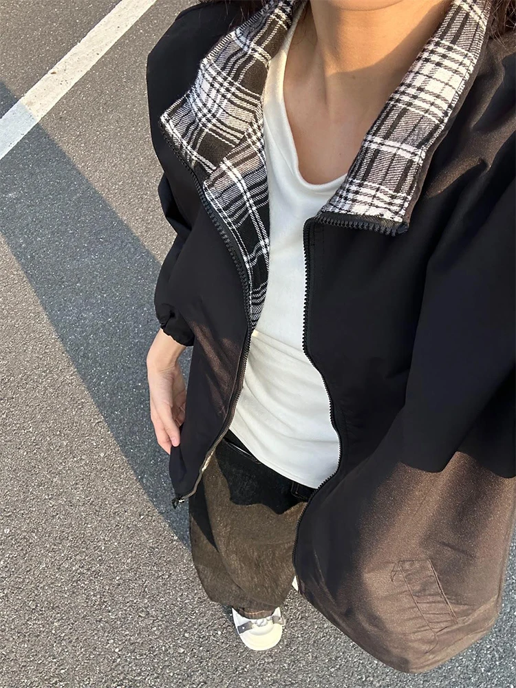 

Модная американская ретро-куртка в клетку для мужчин, весенне-осенняя, приталенная, с двойным цветным воротником-бомбером