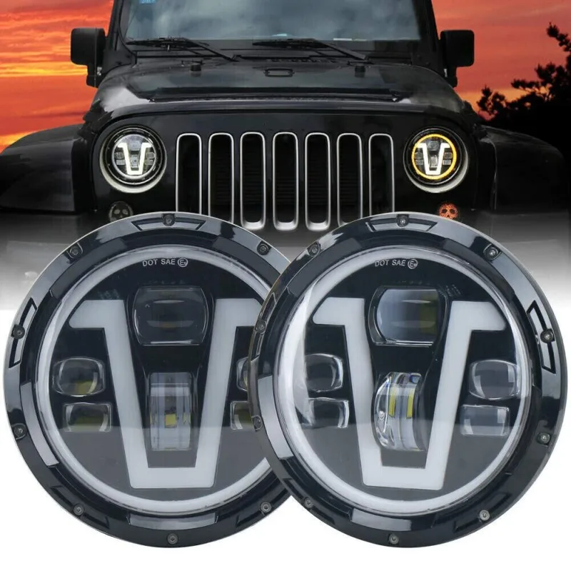 

2X 7 inch 50W Round LED Headlights with V-Type DRL Full Angel Eyes Halo Turn Signal Light Headlamp Replacement For Jeep Wrangler