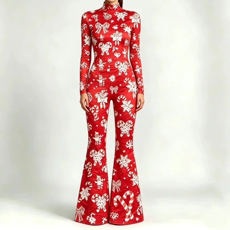 Weihnachts-Overall für Damen mit ausgestelltem Bein, Candy Cane- und Schneeflockenmuster, Glockenbein-Design, Totenkopf-Bodysuit, Halloween-Weihnachts-Clubwear, Partykostüm – Detail 10