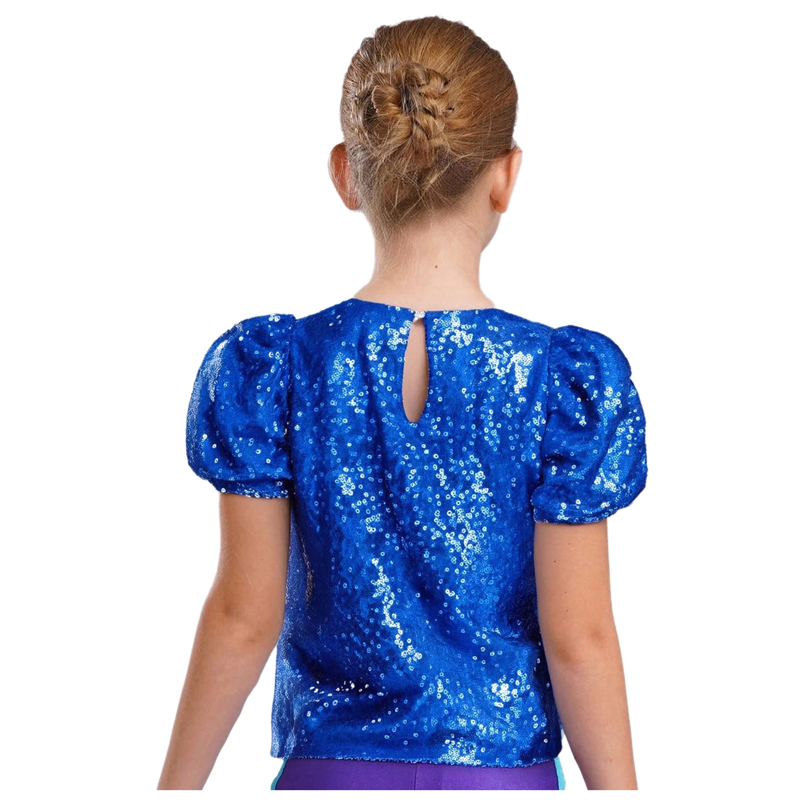Kids Girls Shirt Shiny Sequins Short Puff Sleeves Top for Party Disco Jazz Dance Cheerleading Performance Competition Dancewear