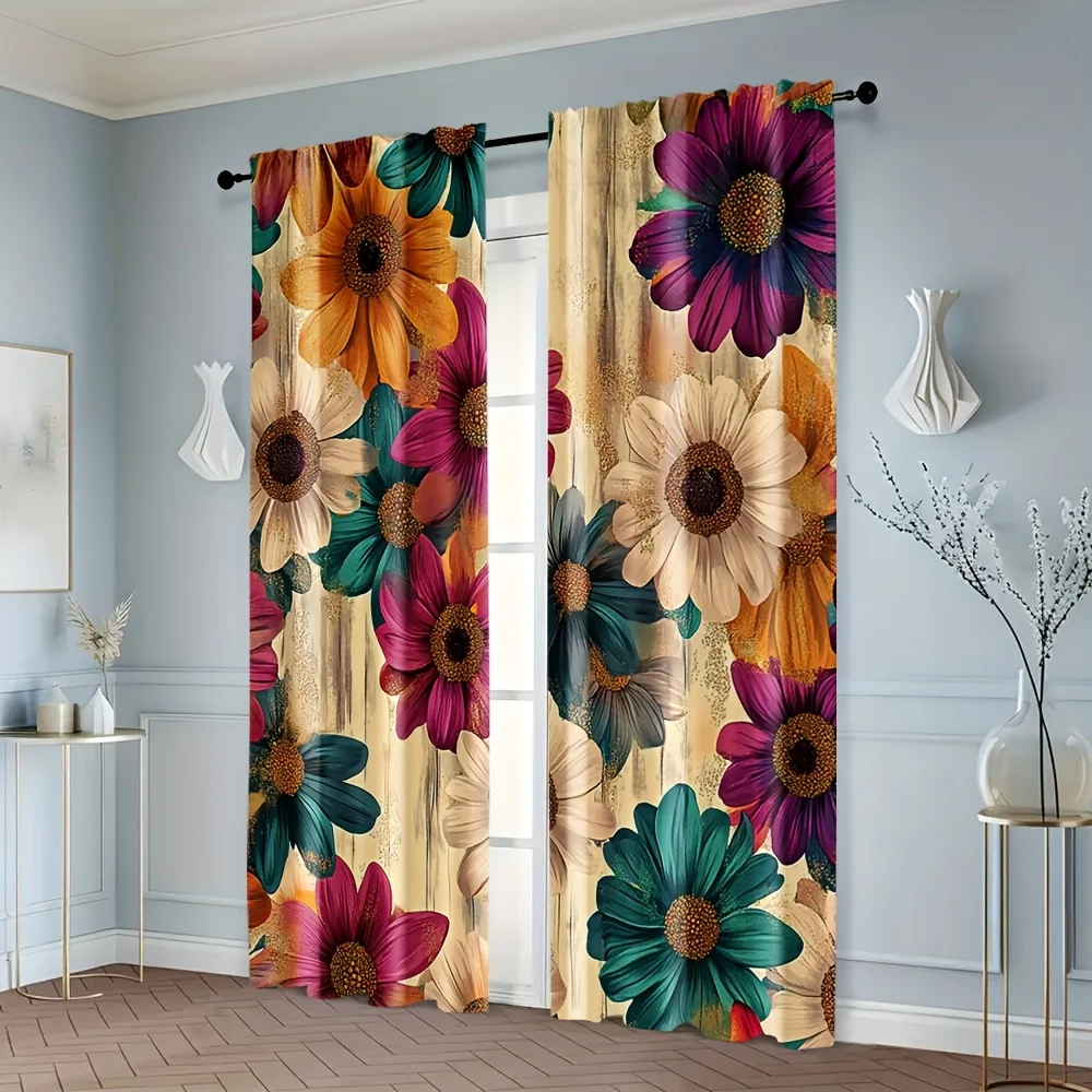 2 Panels Vintage Floral Curtains Retro Daisy Print Drapes Colorful Flower Window Treatment for Living Room Bedroom Home Decor