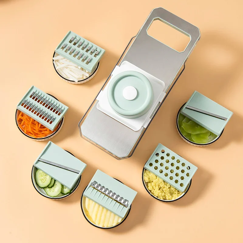 Vegetable Slicer 6 Blades Green Multifunctional Manual Vegetable Slicer Drain Basket Kitchen Tools Household Gadgets