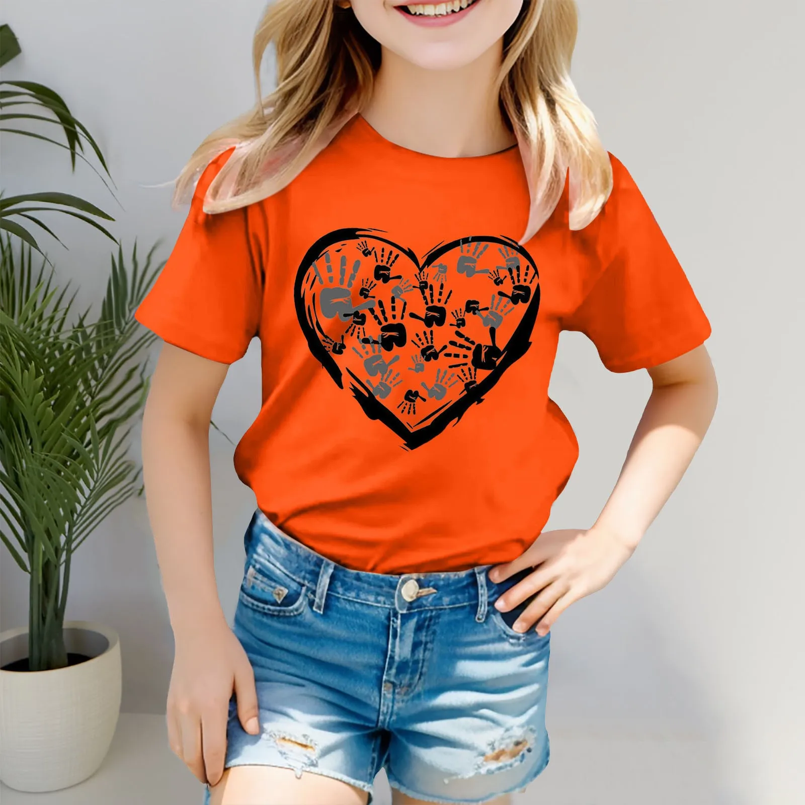 Love Heart Print Tee Orange Shirt For Kids Girls Short Sleeve Tee O-neck T Shirt Casual Fit  Comfy Shirts Non Sweat Undershirt