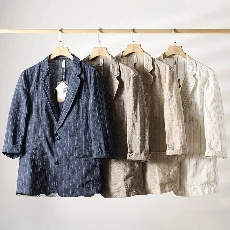 

Linen Cotton Blend Men's Casual Stripe Patterned Mid-Sleeve Seven-Quarter Length Single-breasted Suit Jacket Breathable