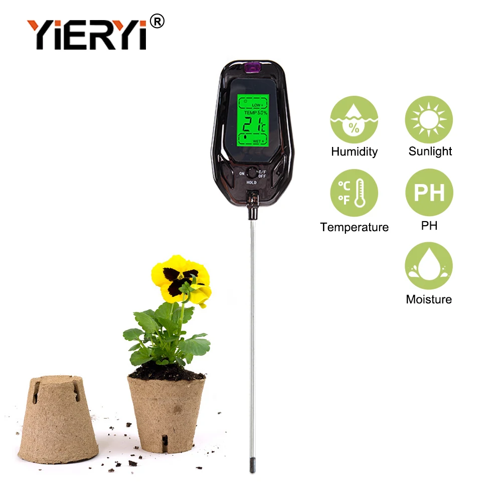 

Yieryi 5 in 1 Soil PH Meter Tester Digital Temperature/Humidity/Sunlight/Moisture Garden Soil Acidity Analyzer for Farm Plants