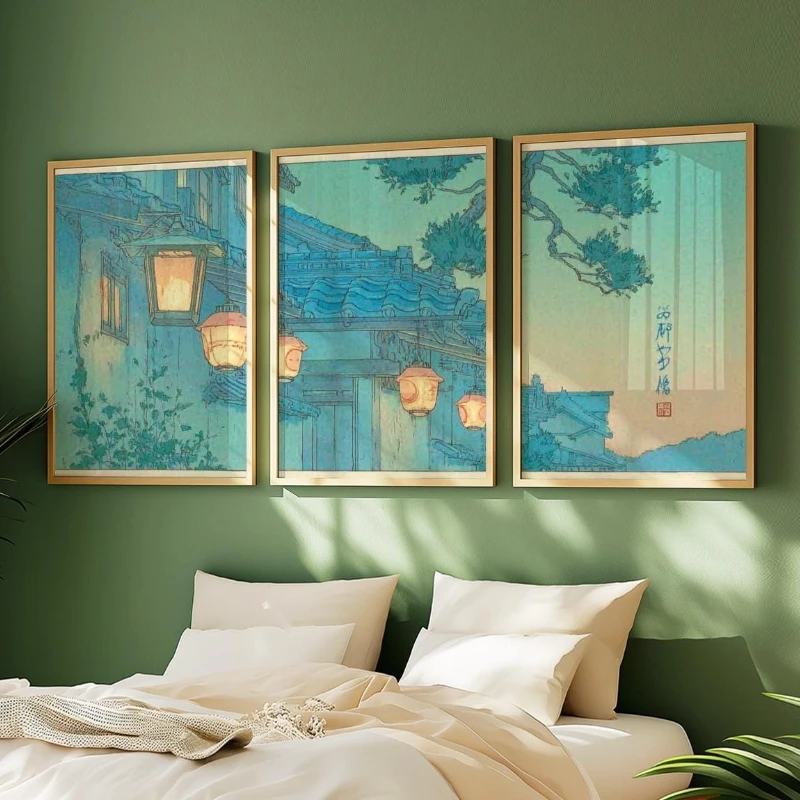 3pcs Retro Tokyo Nightscape Lantern Posters Blue Green Tinted Street Scenes, Frameless Canvas Prints for Home Living Room Decor