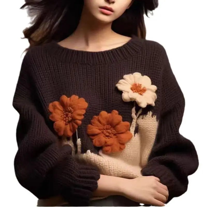 

2024 WomensLooseKnitSweaterLazyStyle3DFlowersJumperAutumnWinterNew