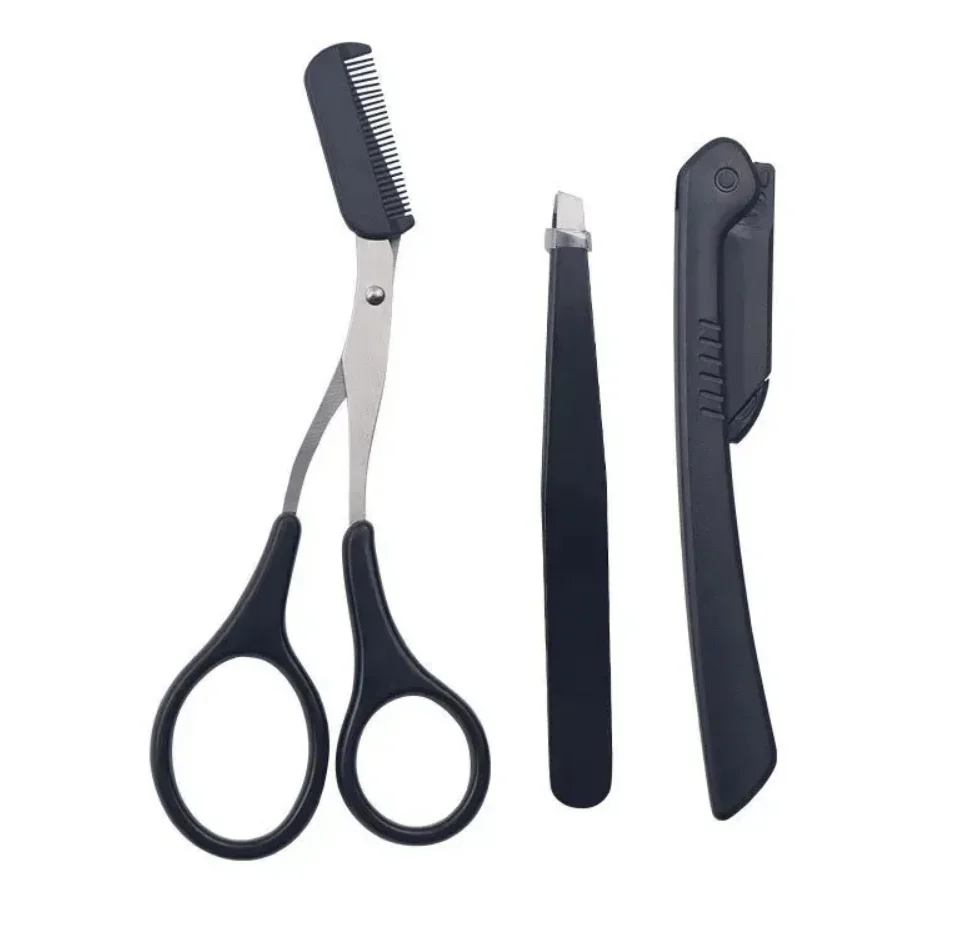 【Offres spéciales】 Ensemble de 3 outils pour sourcils en acier inoxydable : pince, peigne et ciseaux pour la mise en forme des sourcils