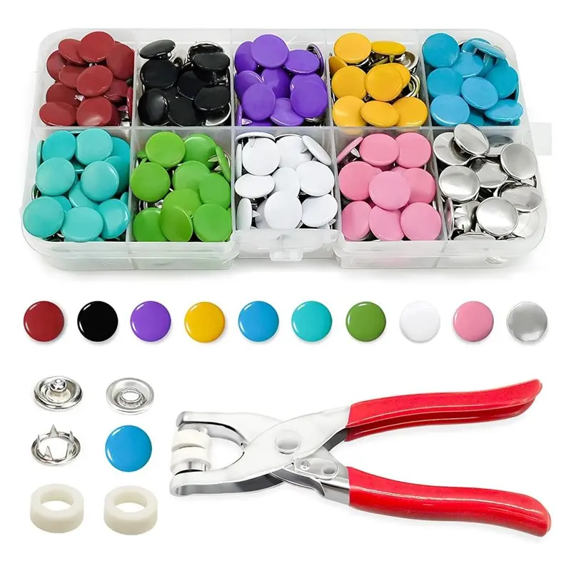 

ABJO-For DIY Crafting Clothing For Fabric Metal Snaps 10 Colors Solid Sewing Snaps With Fastener Pliers Pressing Tool Kit