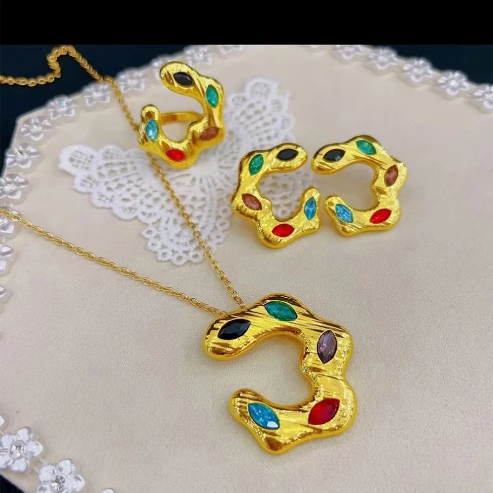 Hot Woman Jewelry Sets gold Color Fine Colorful zircon leaves Pendant Necklace Earrings Ring Fashion Party Wedding Holiday Gifts